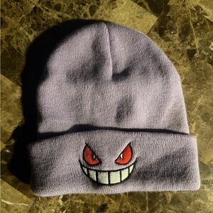 Purple Beanie with Embroidered Gengar Face Stocking Hat